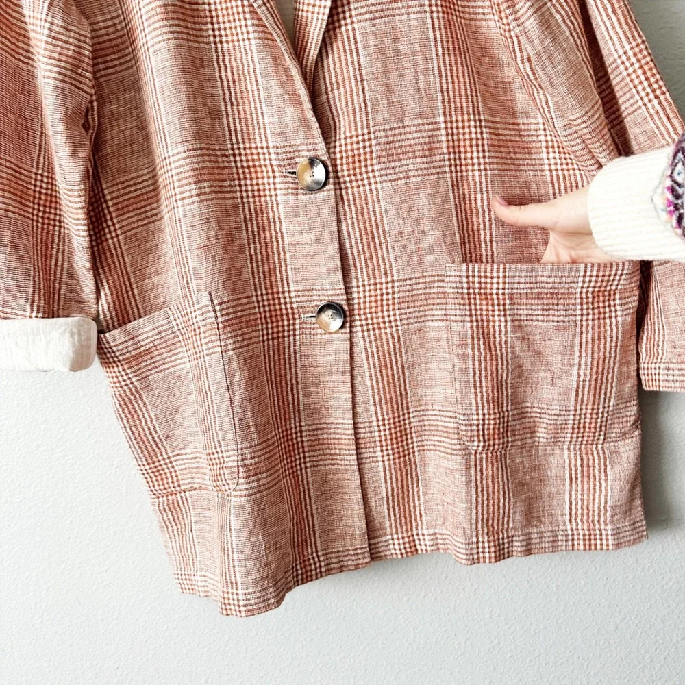 J. Jill Harper Henna Plaid Plaid Linen Cotton Oversize Blazer Jacket Size Medium - Picture 4 of 12